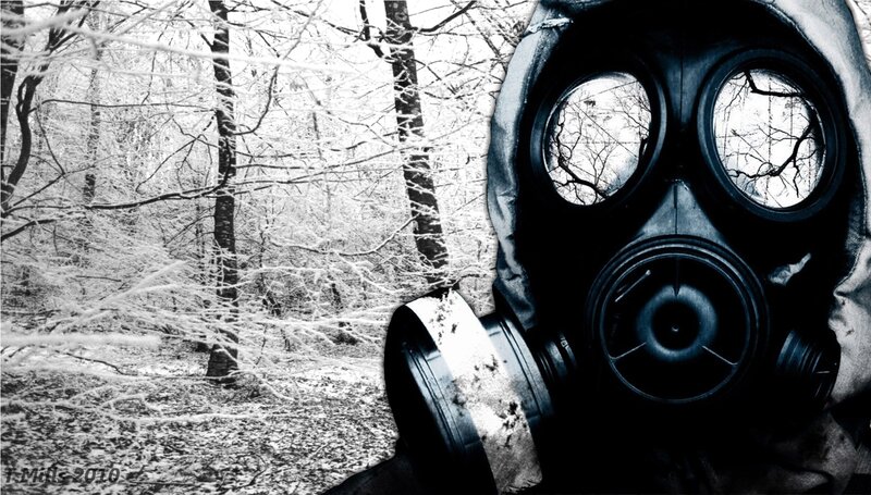 Gas mask in snowy forest
