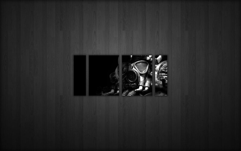 gas mask on dark wood
