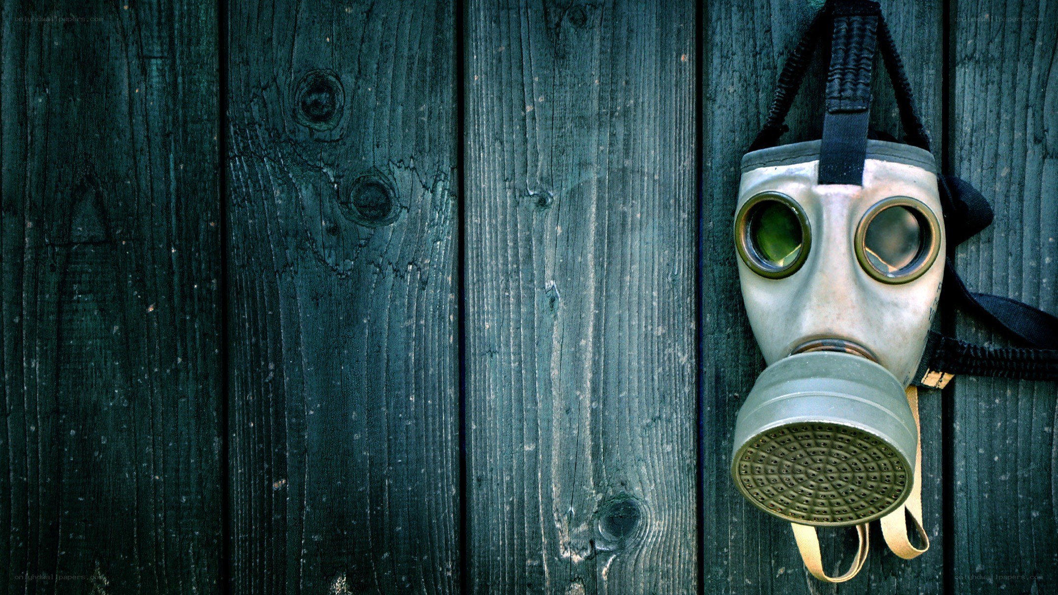 gas mask on wooden wall