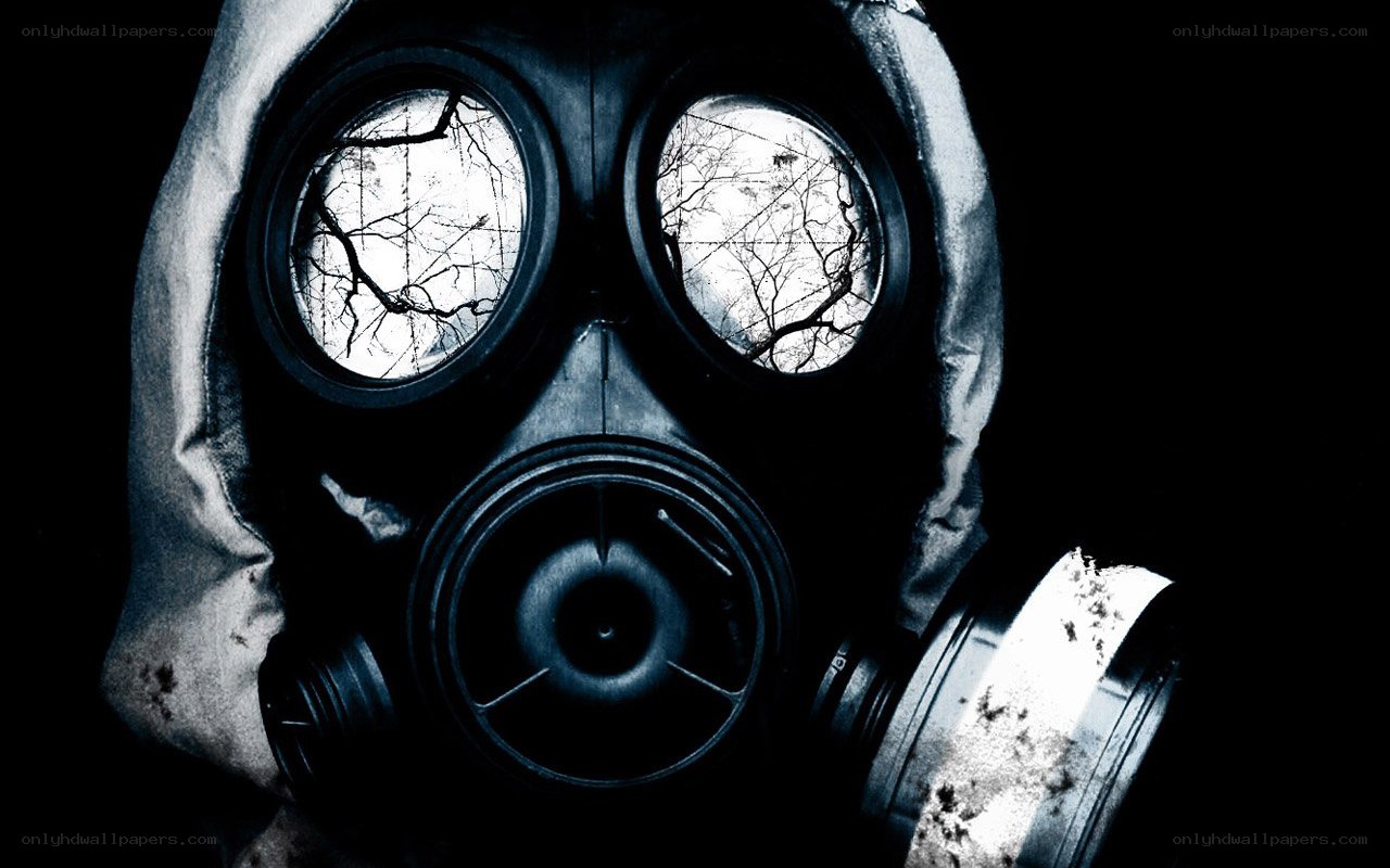 gas mask with barren trees