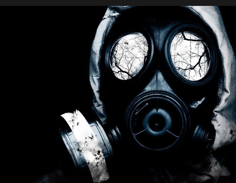 gas mask with barren trees
