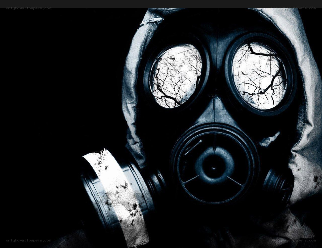 gas mask with barren trees