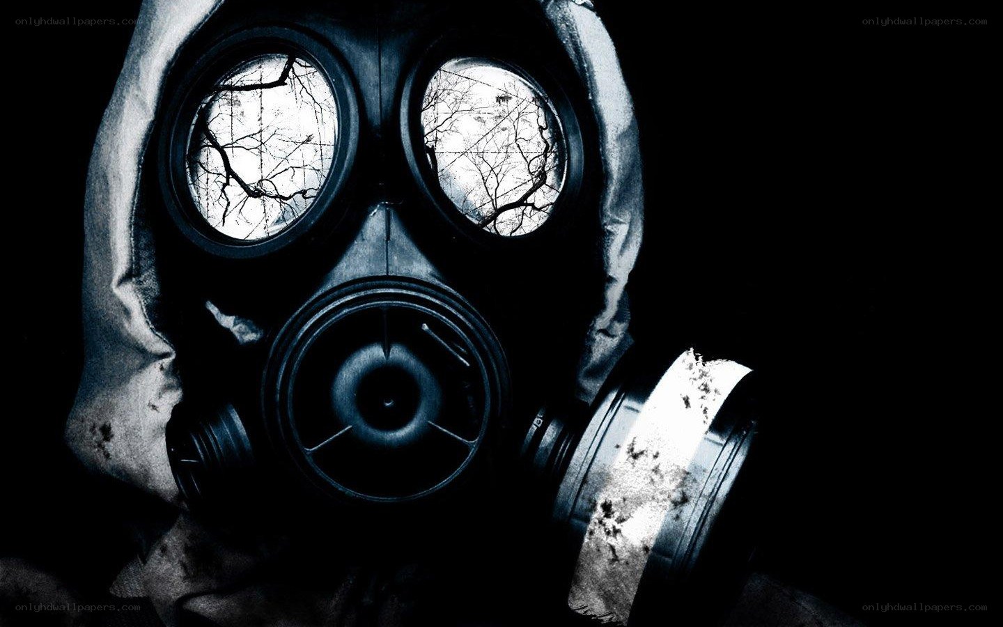 gas mask with barren trees
