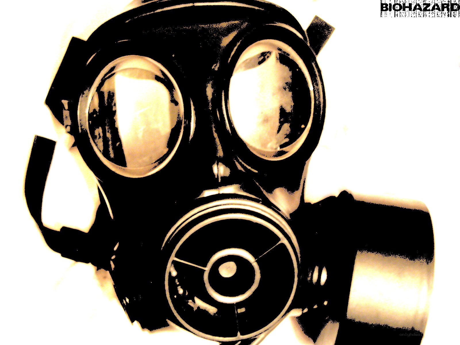gas mask with biohazard label