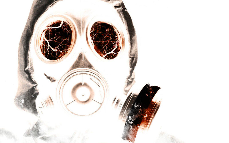 gas mask with cracked lenses