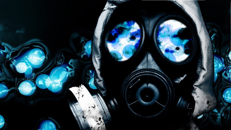 gas mask with glowing blue eyes