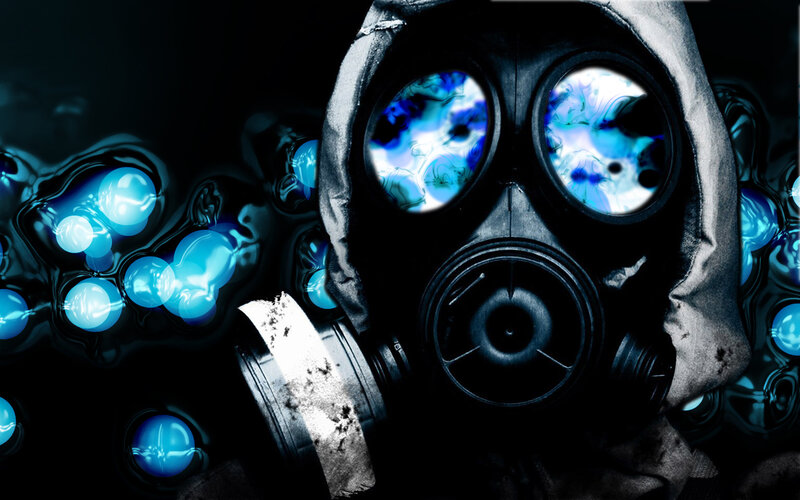 Gas mask with glowing blue eyes