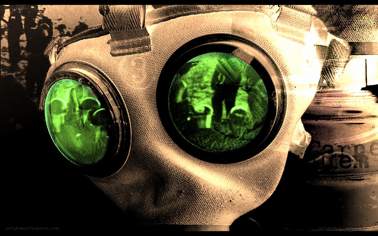 gas mask with green lenses