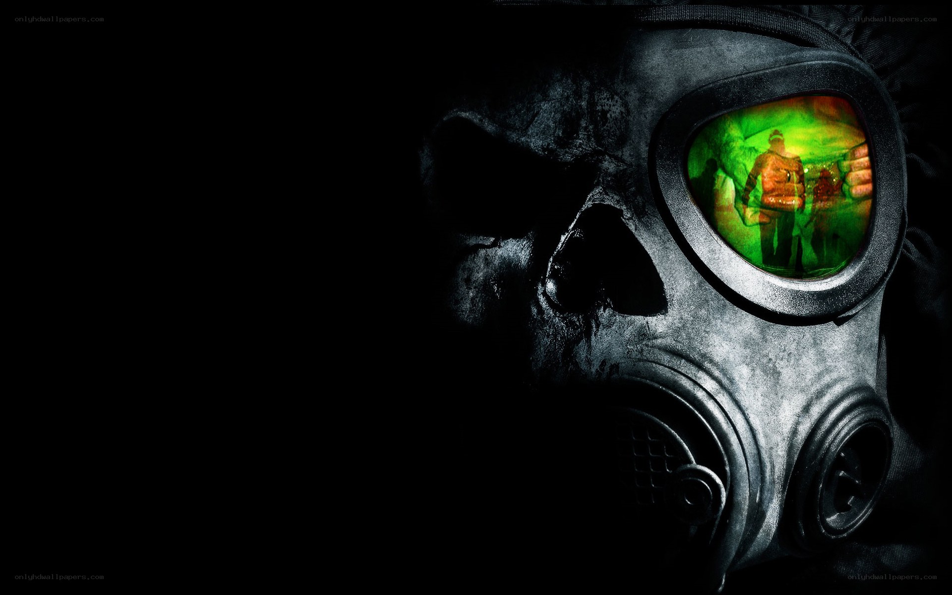 gas mask with green reflection