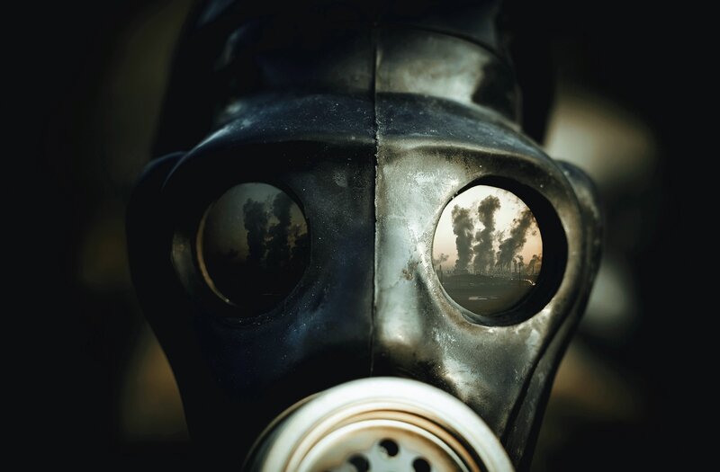 Gas Mask with Industrial Reflection