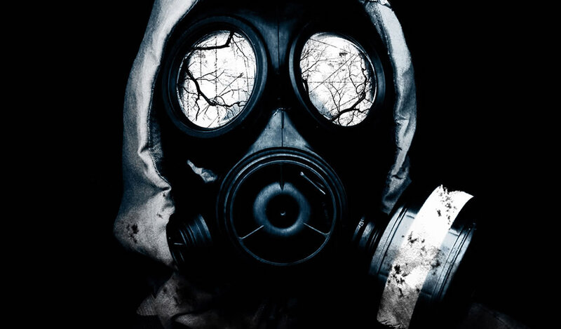 gas mask with tree reflection