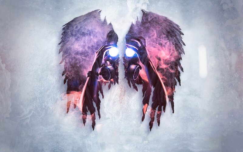 Gas-masked Figure with Wings