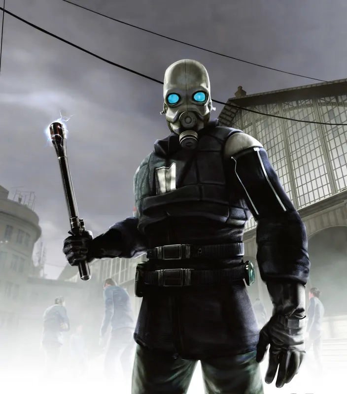 gas-masked soldier with electrified baton