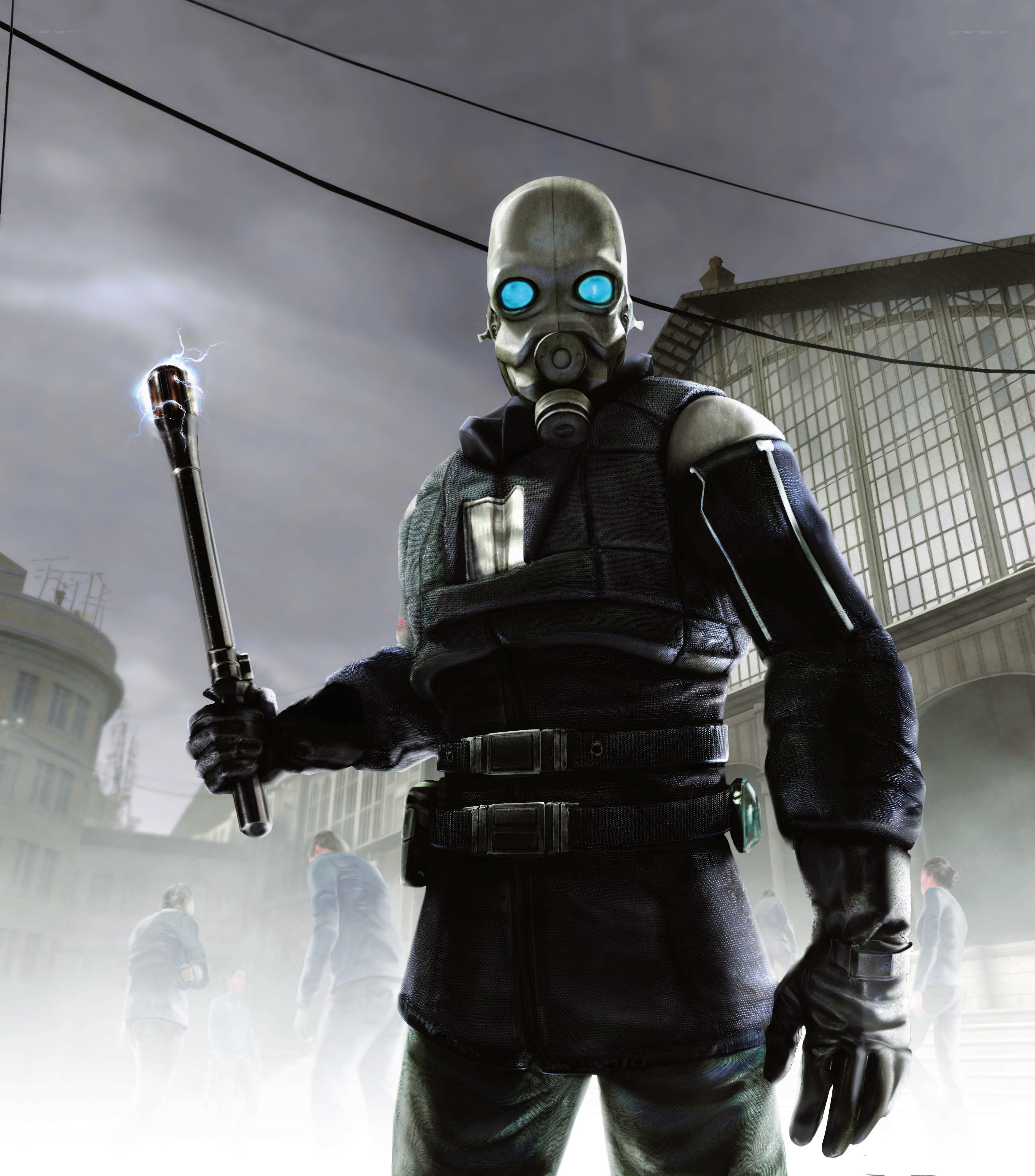 gas-masked soldier with electrified baton