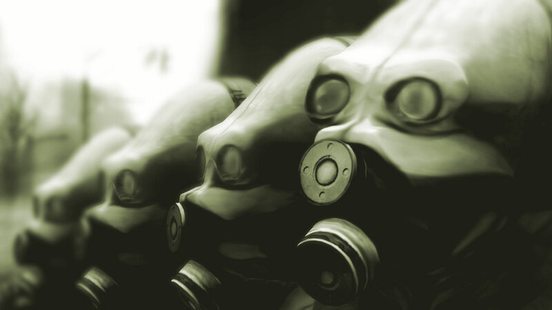 gas masks in a row