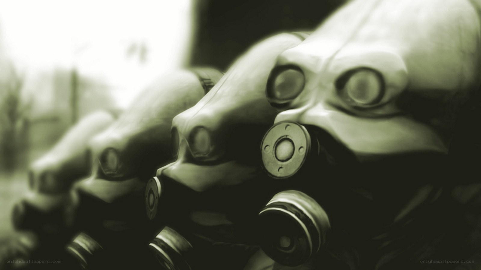 gas masks in a row