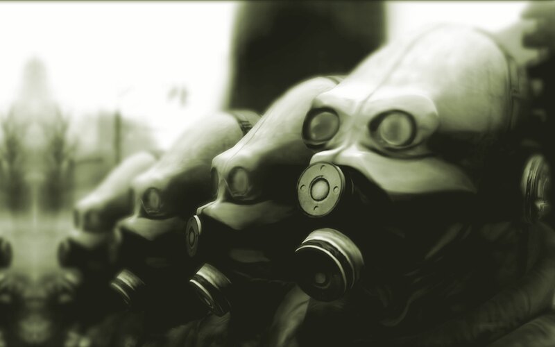 gas masks in a row