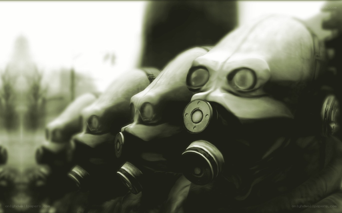 gas masks in a row
