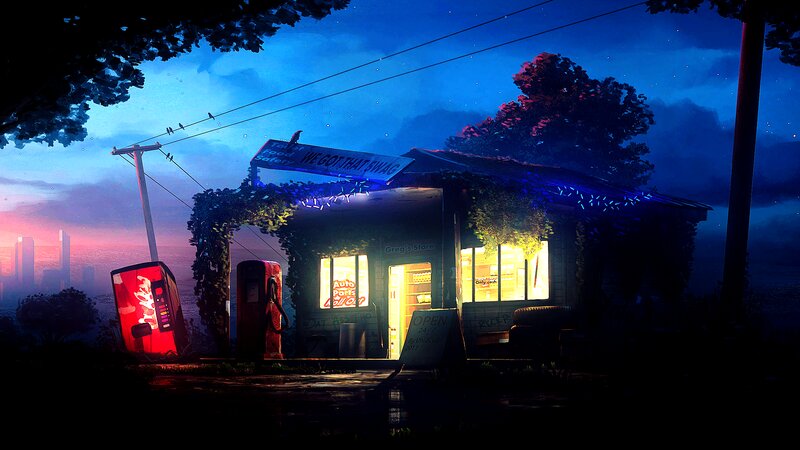 Gas Station at Night — Blue