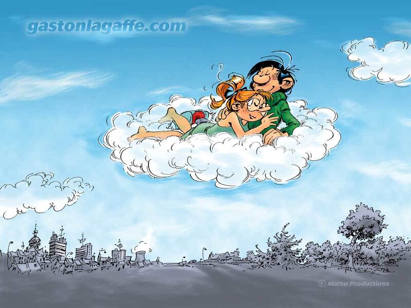 Gaston and a woman on a cloud