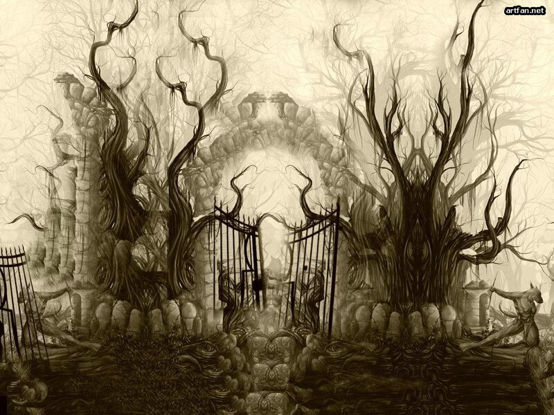 Gates in a Haunted Forest — Brown, Dark, Digital Art
