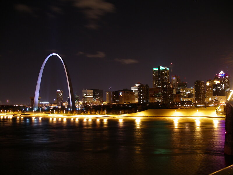 Gateway Arch at Night — Black, Serene, Photograph, City Skyline, River