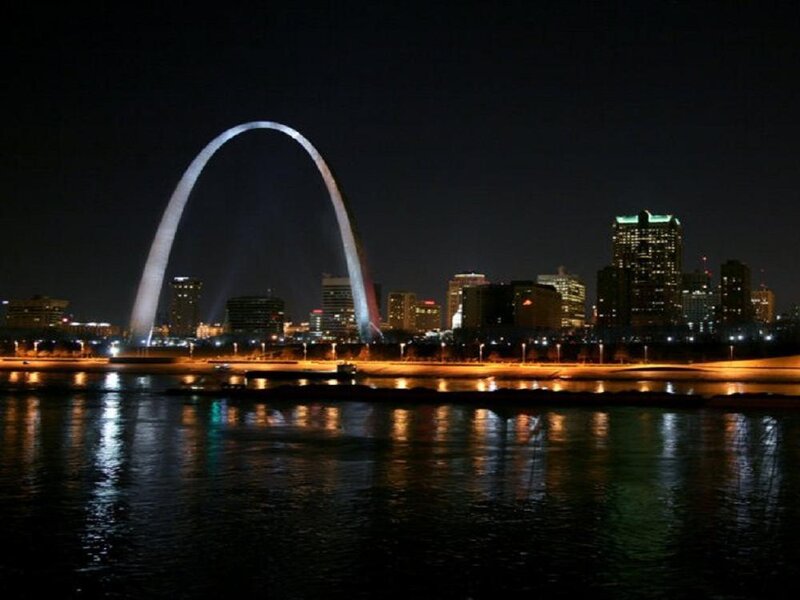 Gateway Arch at Night — Black, Serene, Photograph, City Skyline