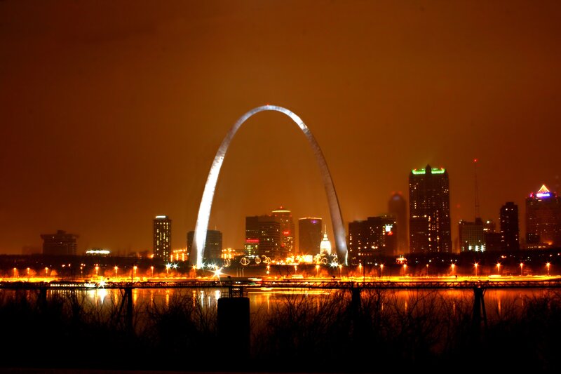 Gateway Arch at Night — Orange, Dramatic, Photograph, City Skyline