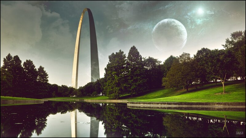 Gateway Arch under alien moon