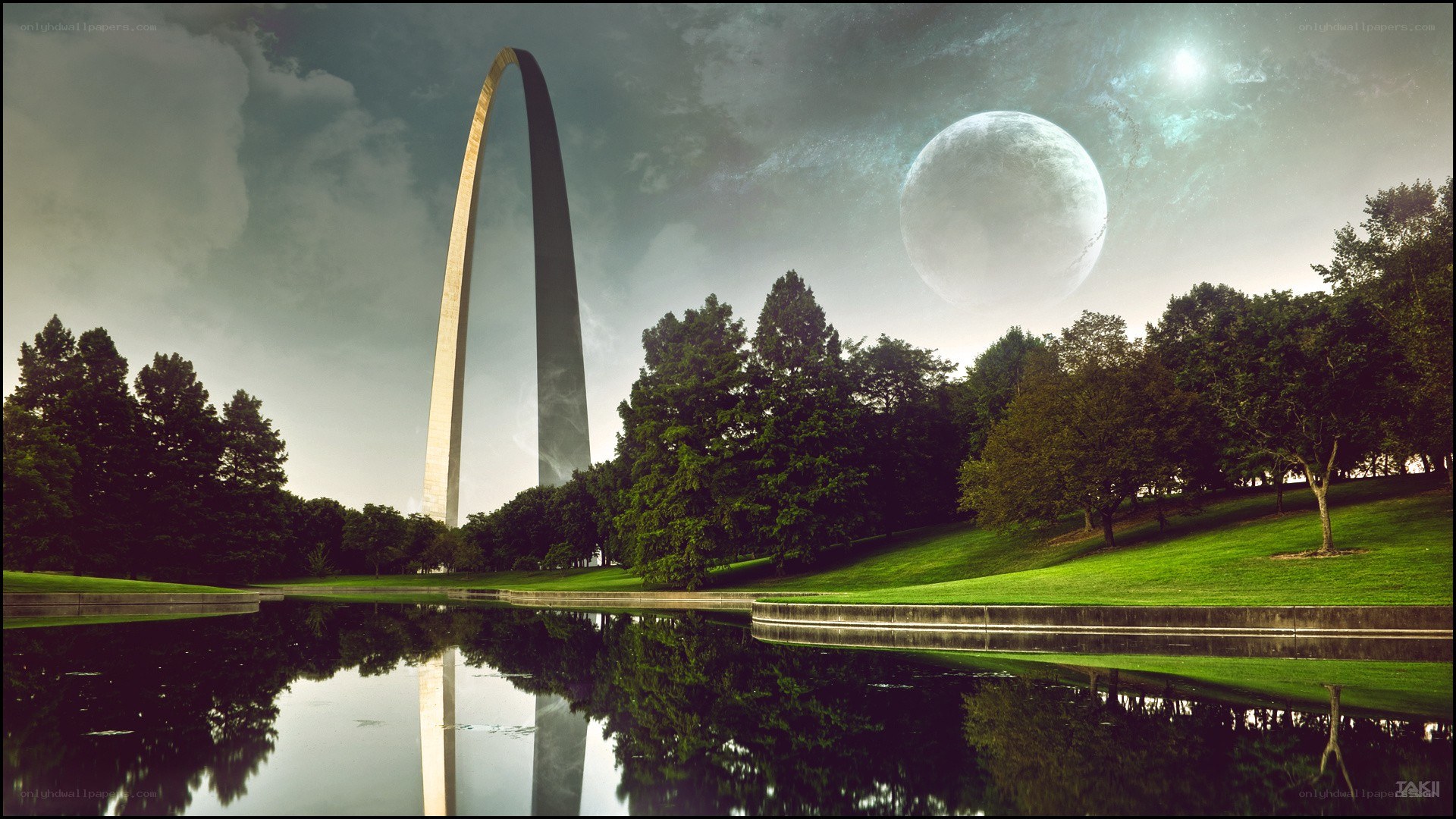 Gateway Arch under alien moon