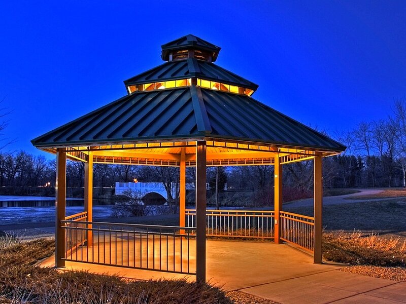 gazebo at dusk by the lake