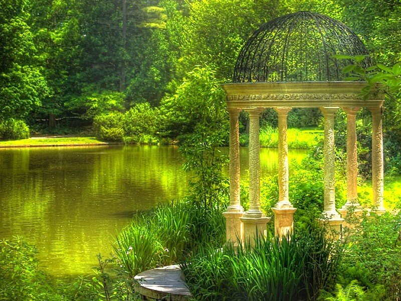 Gazebo by a Pond — Green, Serene