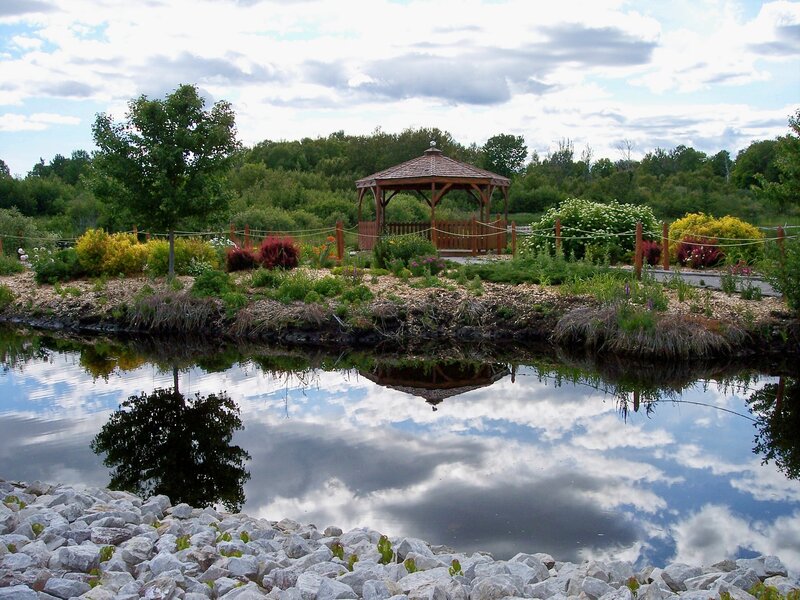 Gazebo by a pond in a garden
