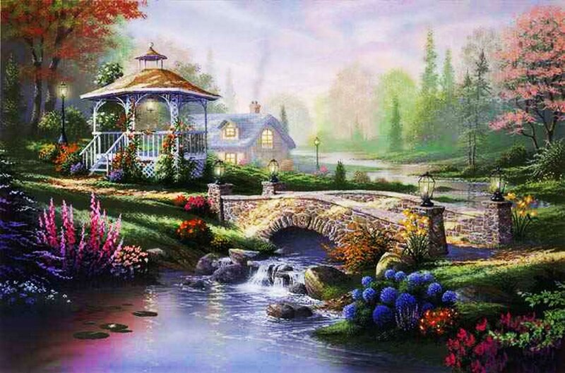 Gazebo by a Stream — Green, Serene