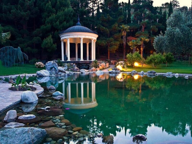 Gazebo by a tranquil pond