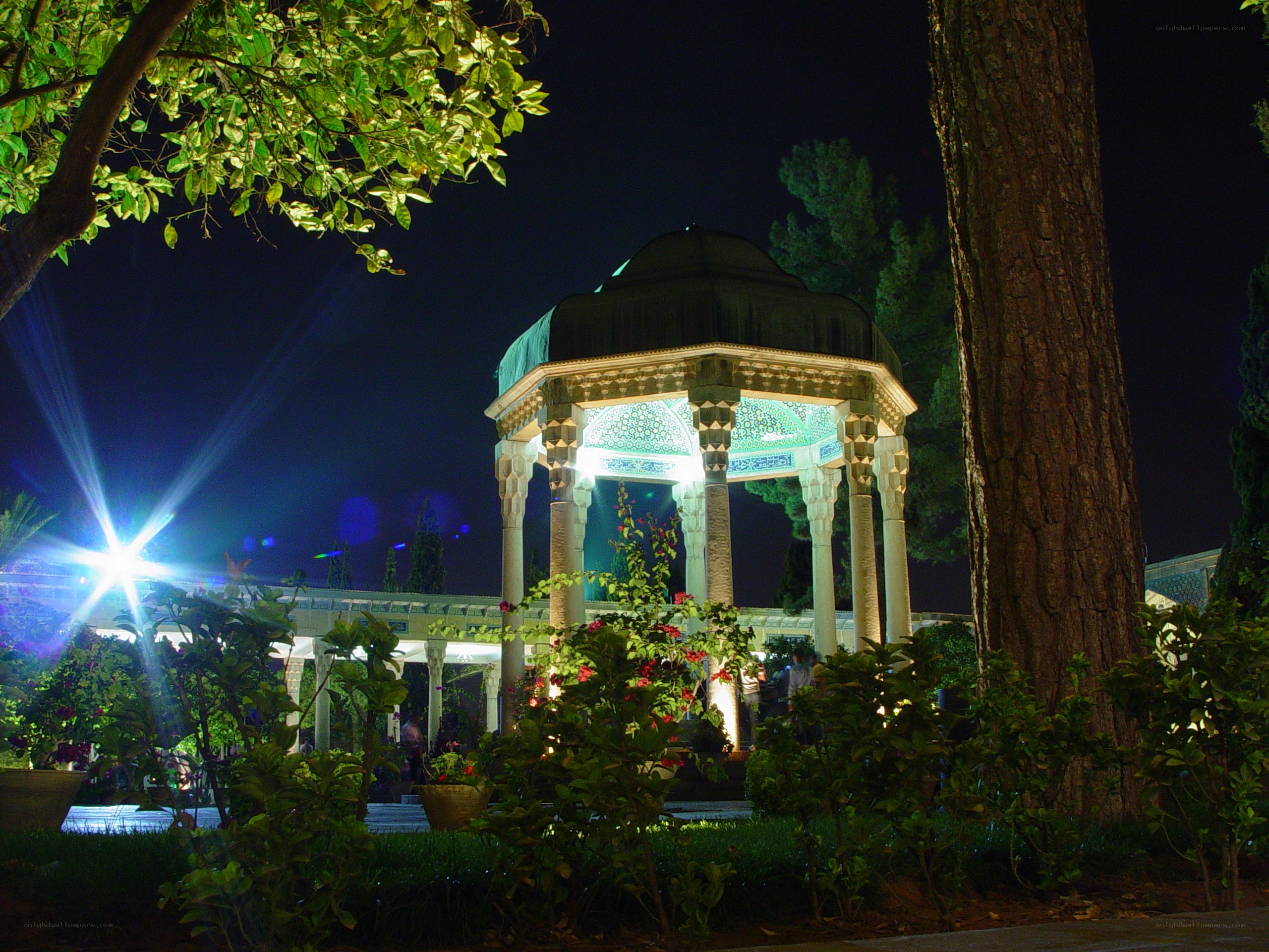 Gazebo in a garden at night