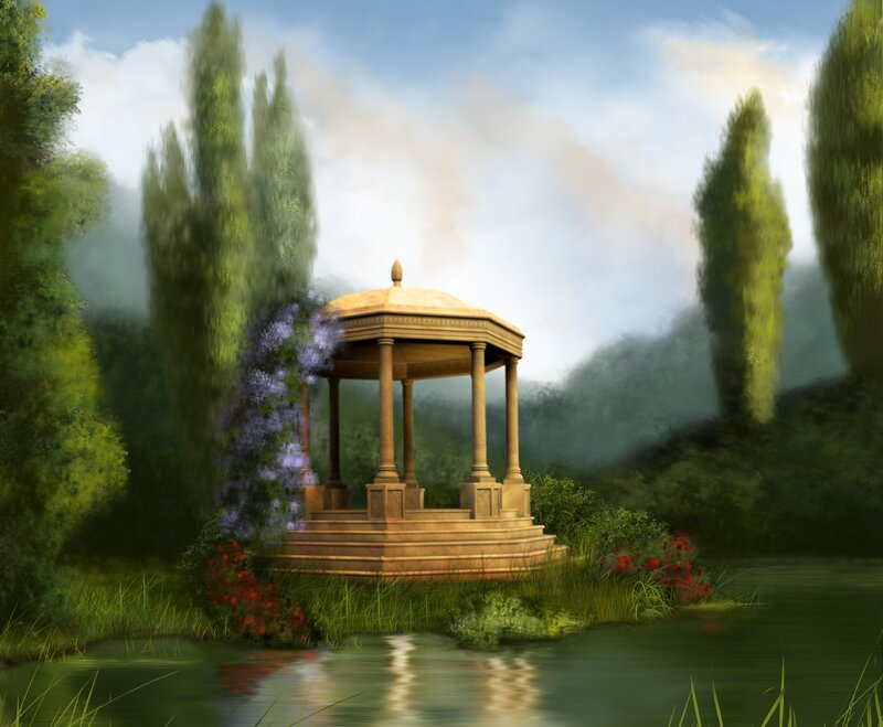 Gazebo in a misty garden