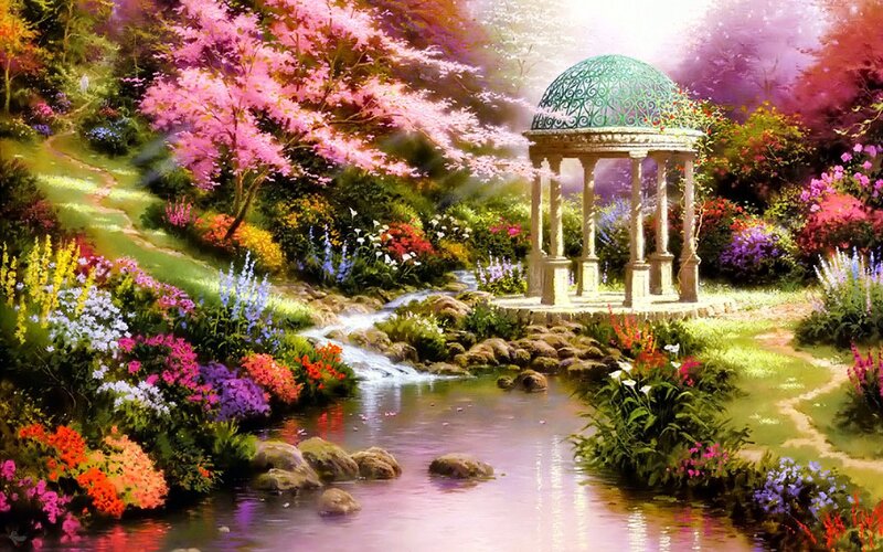 Gazebo in Flower Garden — Pink, Serene