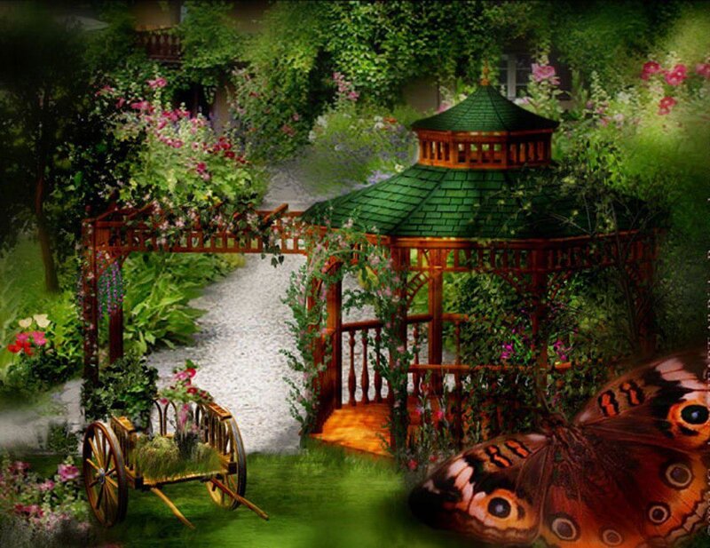 Gazebo in Garden — Green, Serene, Afternoon, Digital Art