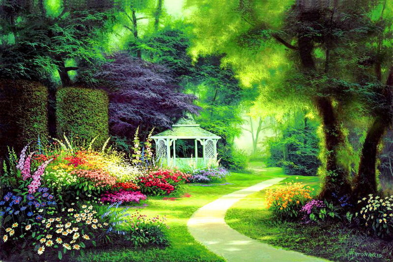 Gazebo in Garden — Green, Serene, Afternoon, Painting, Path