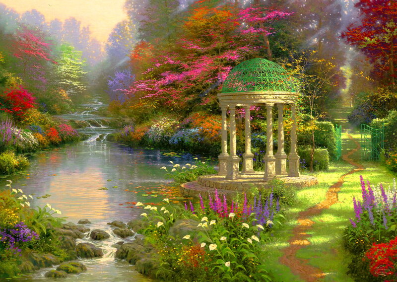 Gazebo in Garden — Green, Serene, Afternoon, Painting, River