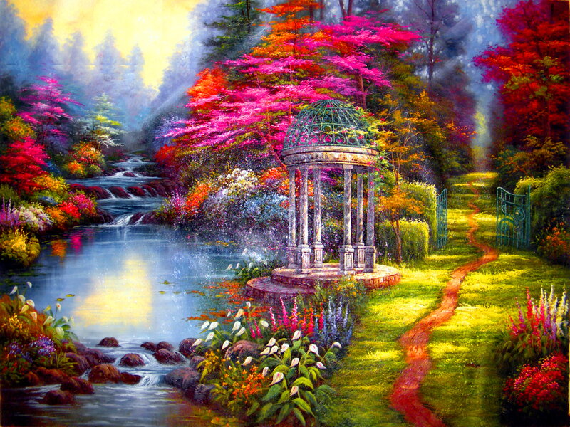 Gazebo in Garden — Green, Serene, Afternoon, Painting