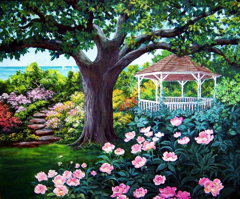 Gazebo in Garden — Green, Serene, Afternoon, Painting, Tree