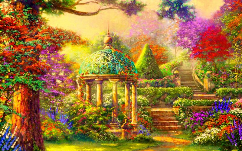 Gazebo in Garden — Green, Serene, Afternoon, Painting, Trees