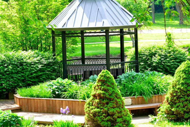 Gazebo in Garden — Green, Serene, Afternoon, Photograph, Bench