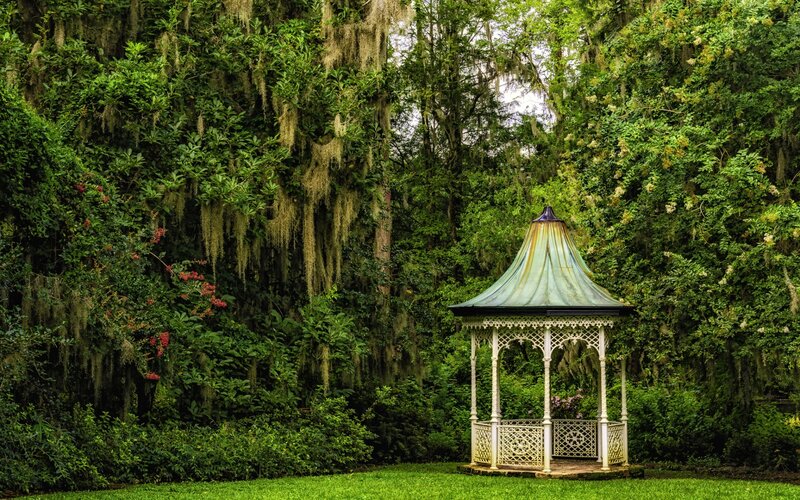 Gazebo in Garden — Green, Serene, Afternoon, Photograph, Trees, Moss