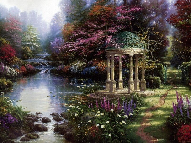 Gazebo in Garden — Green, Serene, Morning, Painting, Stream