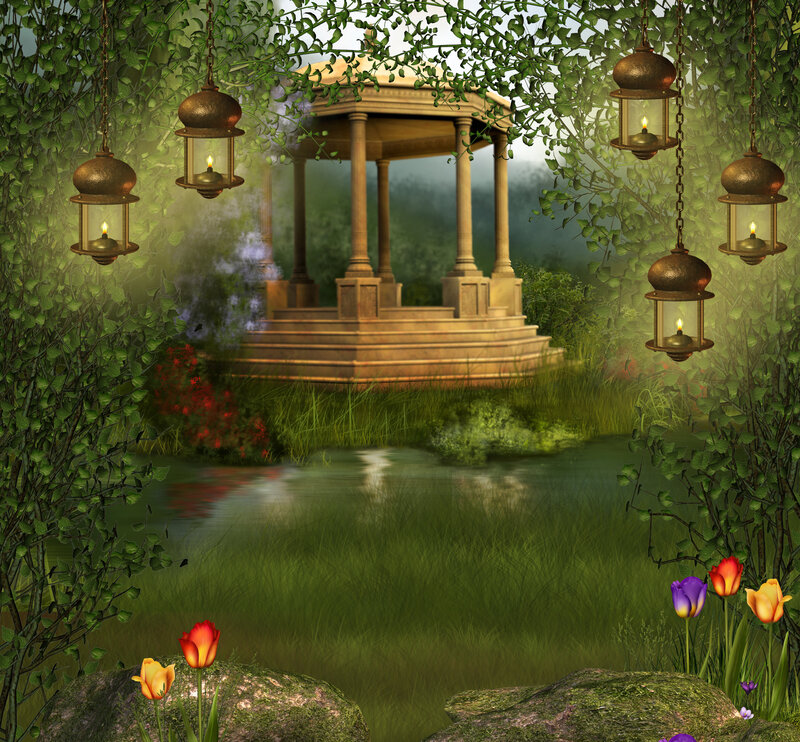 Gazebo in Garden — Green, Serene, Night