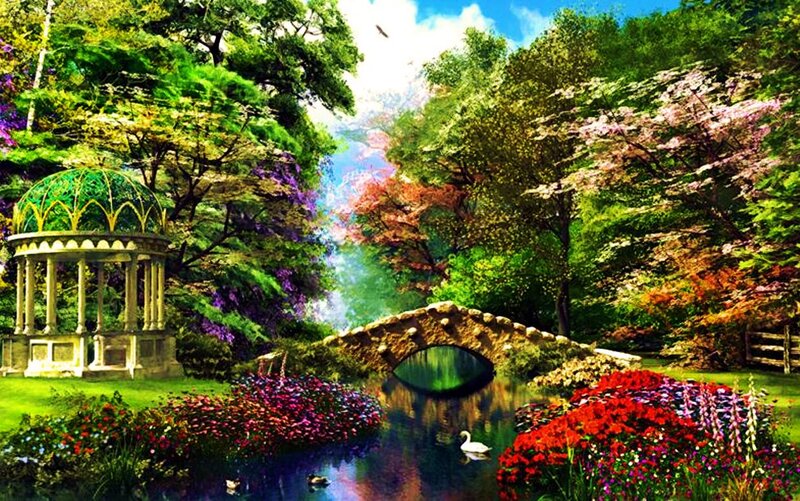 Gazebo in Garden — Green, Serene, Spring, Digital Art, Bridge