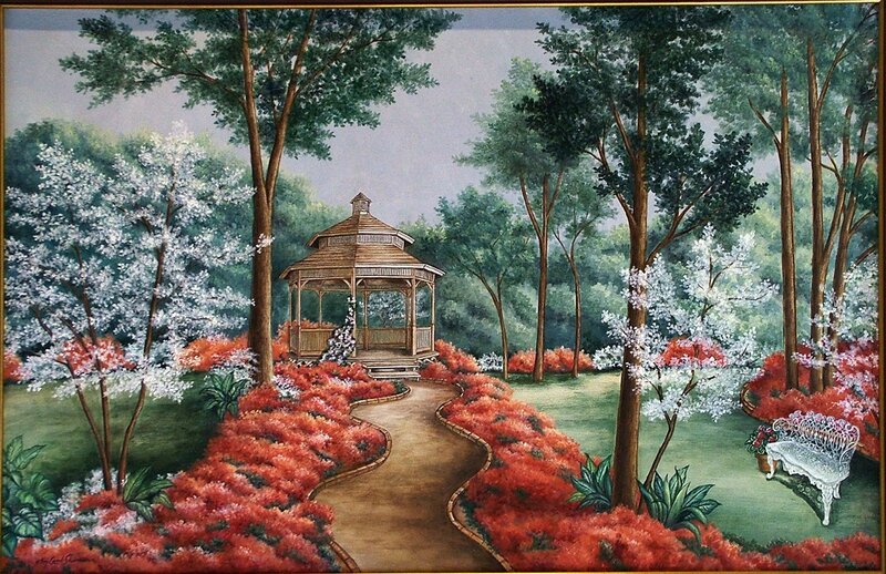 Gazebo in Garden — Green, Serene, Spring, Painting, Path